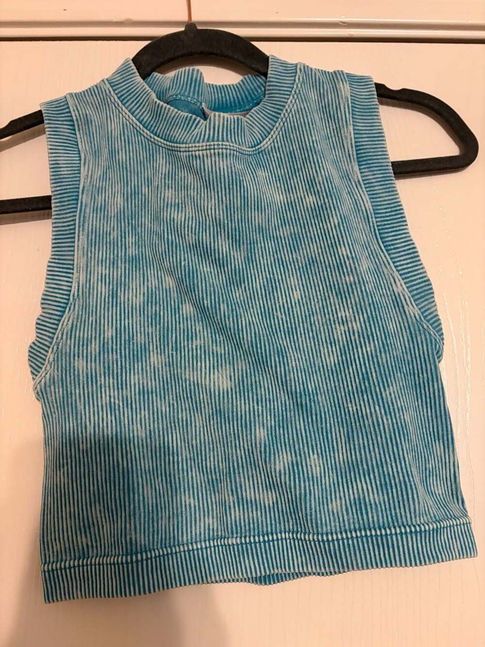 Zenana Mineral Wash Ribbed Crop Tank Top Blue L/XL